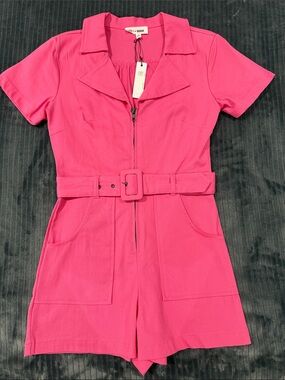 Day + Moon Denim Pink Short Sleeve Belted Romper